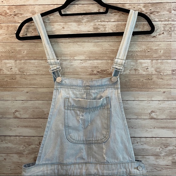 F21 Light Denim Distressed Overall Dress - Picture 3 of 12